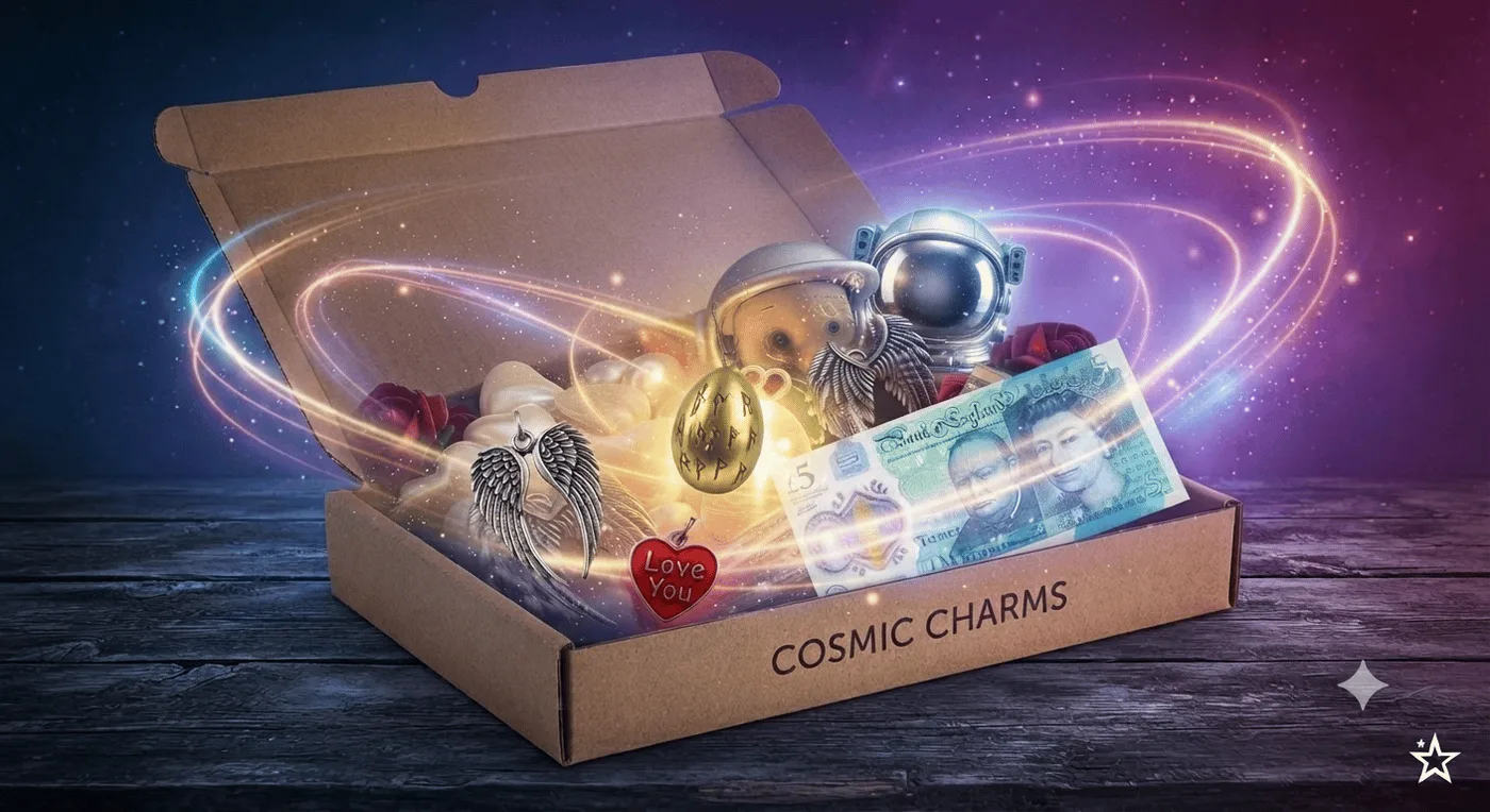An open Cosmic Charms box under swirling starlight, with a £5 note, a rune-etched golden capsule and silver charms inside