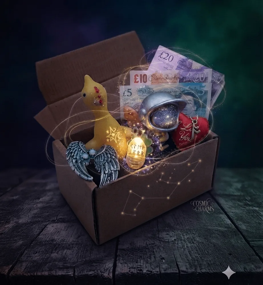 An open Cosmic Charms box under swirling starlight, holding a rune-etched glowing capsule, a galaxy astronaut helmet charm, a star-marked duck, silver angel wings, a red love-heart with a gold key, and £20, £10 and £5 notes