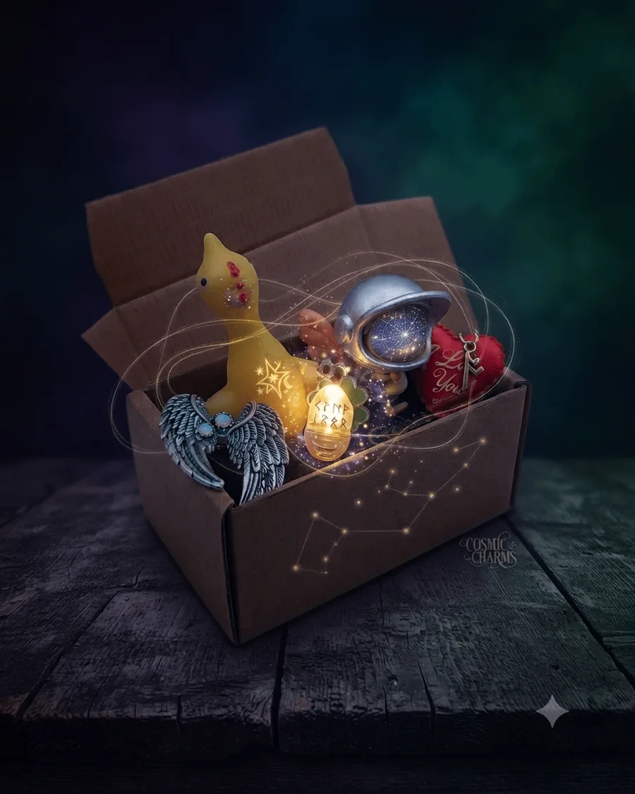An open Lucky Light Box holding star-marked curiosities, a cosmic helm charm, winged tokens and a rune-etched glowing capsule