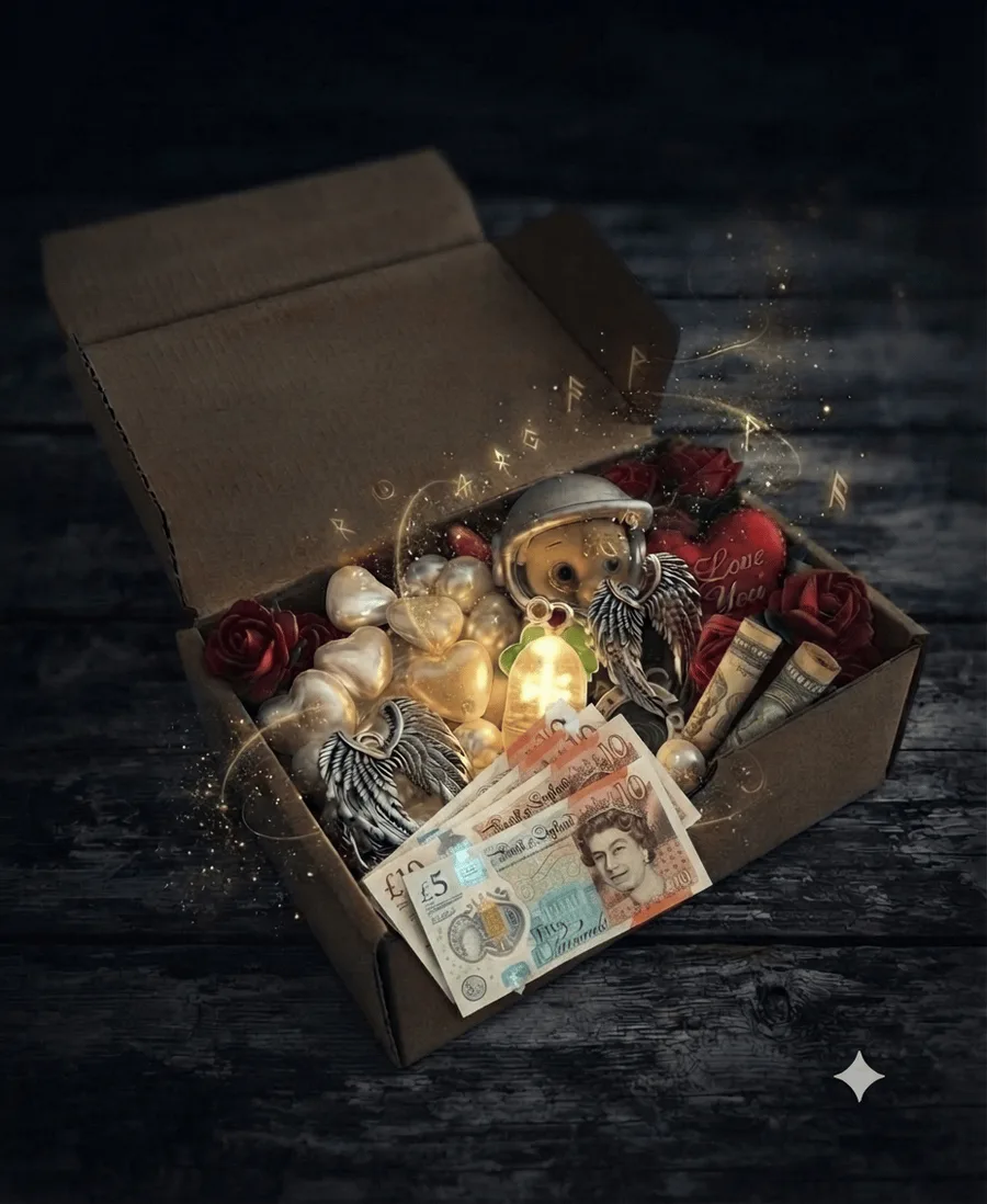 An open Lucky Light Box filled with pearl hearts, red velvet roses, silver angel wing charms and a glowing light capsule, with a £10 and a £5 note laid across the front