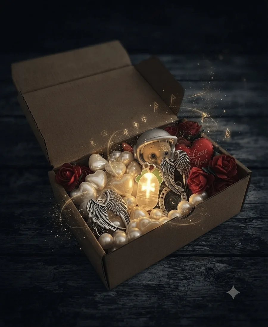 An open Lucky Light Box filled with pearl hearts, red velvet roses, silver angel wing charms and a glowing light capsule